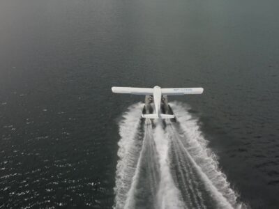 Seaplane taking off on the ocean